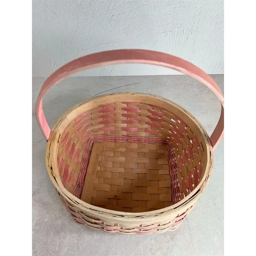 Vintage Pink‎ and wood Woven Basket with Handle 9”x9” Round